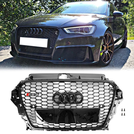 2013-2016 Audi A3 / A3 Sline / S3 Front Grill Air Intake Radiator Glossy Black RS Honeycomb Bumper Grille With Rings Emblem
