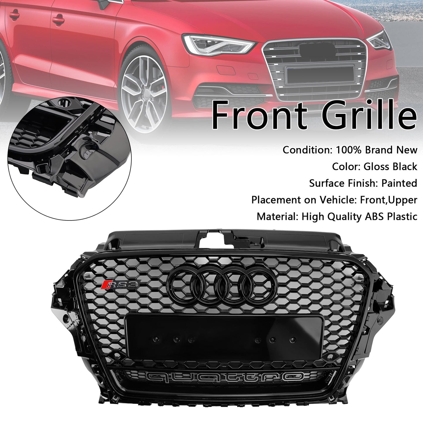 2013-2016 Audi A3/ A3 Sline/ S3 Black Grill Replacement Front Bumper Grille W/ Ring Emblem