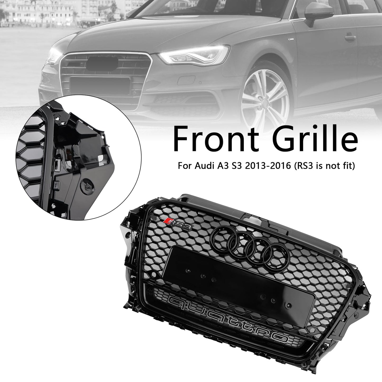 2013-2016 Audi A3/ A3 Sline/ S3 Black Grill Replacement Front Bumper Grille W/ Ring Emblem