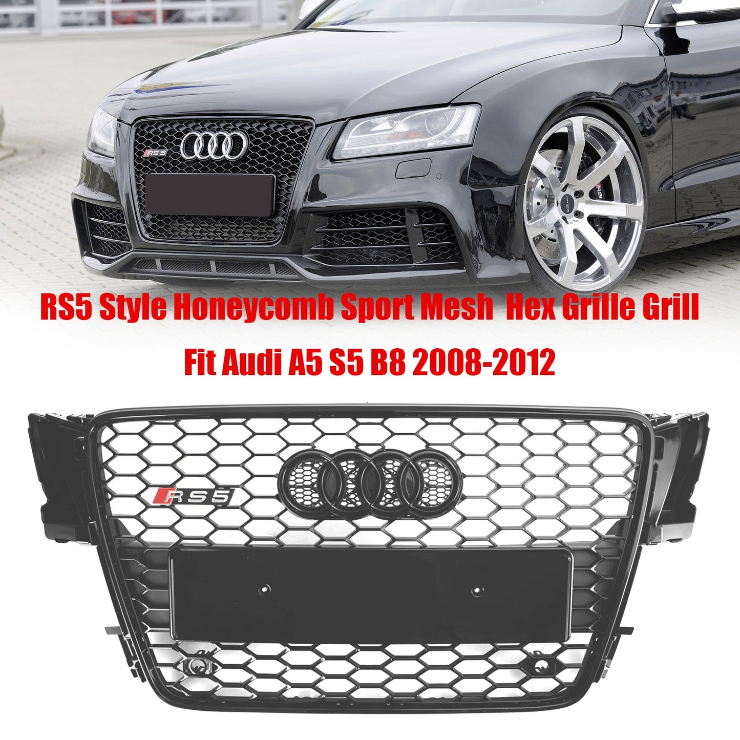 2008-2012 Audi A5/ A5 Sline/ S5 B8 Honeycomb Glossy Black Grille RS5 Sport Front Bumper Grill