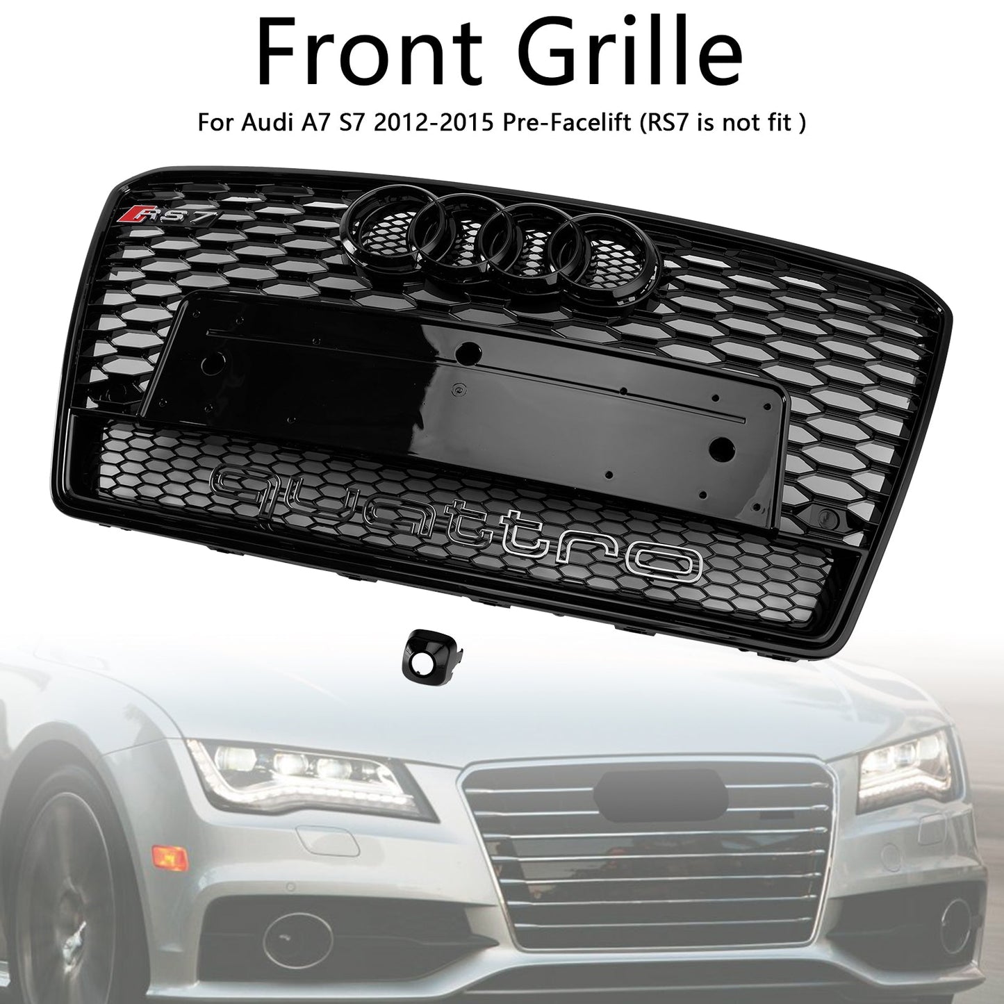 2010-2015 Audi A7/ A7 Sline/ S7 RS7 Style Grill Front Bumper Honeycomb Mesh Sport Black Grille W/ Ring Emblem + Quattro