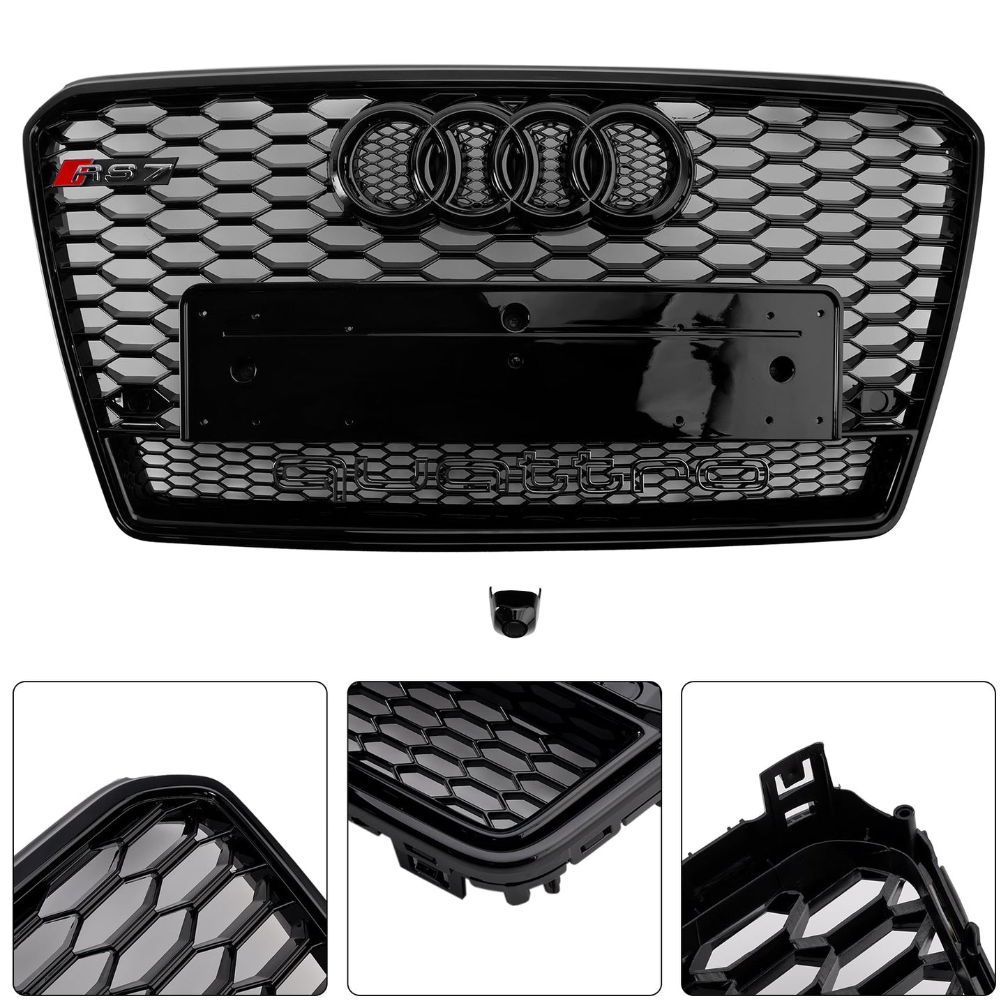 2010-2015 Audi A7/ A7 Sline/ S7 RS7 Style Grill Front Bumper Honeycomb Mesh Sport Black Grille W/ Ring Emblem + Quattro