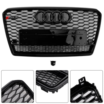 2010-2015 Audi A7/ A7 Sline/ S7 RS7 Style Grill Front Bumper Honeycomb Mesh Sport Black Grille W/ Ring Emblem + Quattro