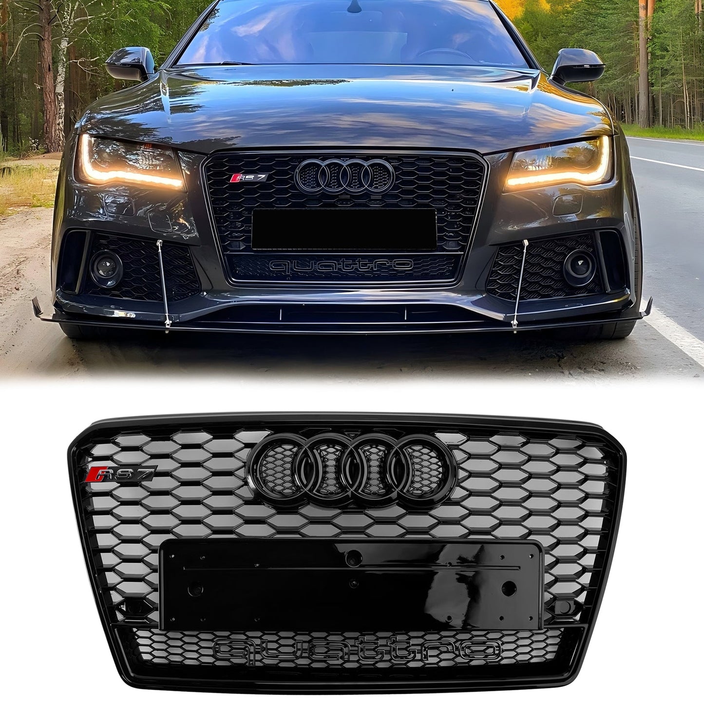 2010-2015 Audi A7/ A7 Sline/ S7 RS7 Style Grill Front Bumper Honeycomb Mesh Sport Black Grille W/ Ring Emblem + Quattro