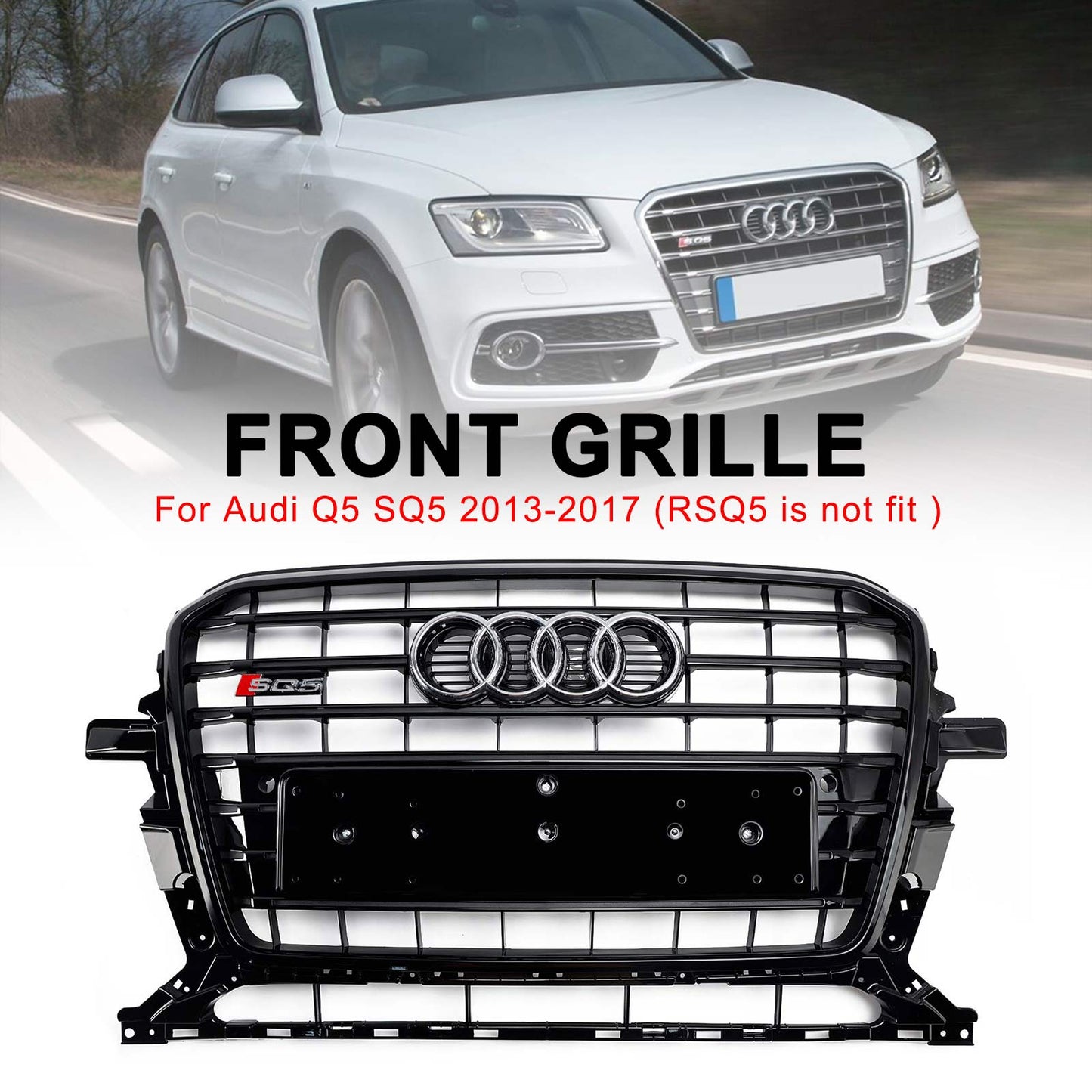2013-2017 Audi Q5 SQ5 Black SQ5 Style Grille Horizontal Slat Front Bumper Black Grill