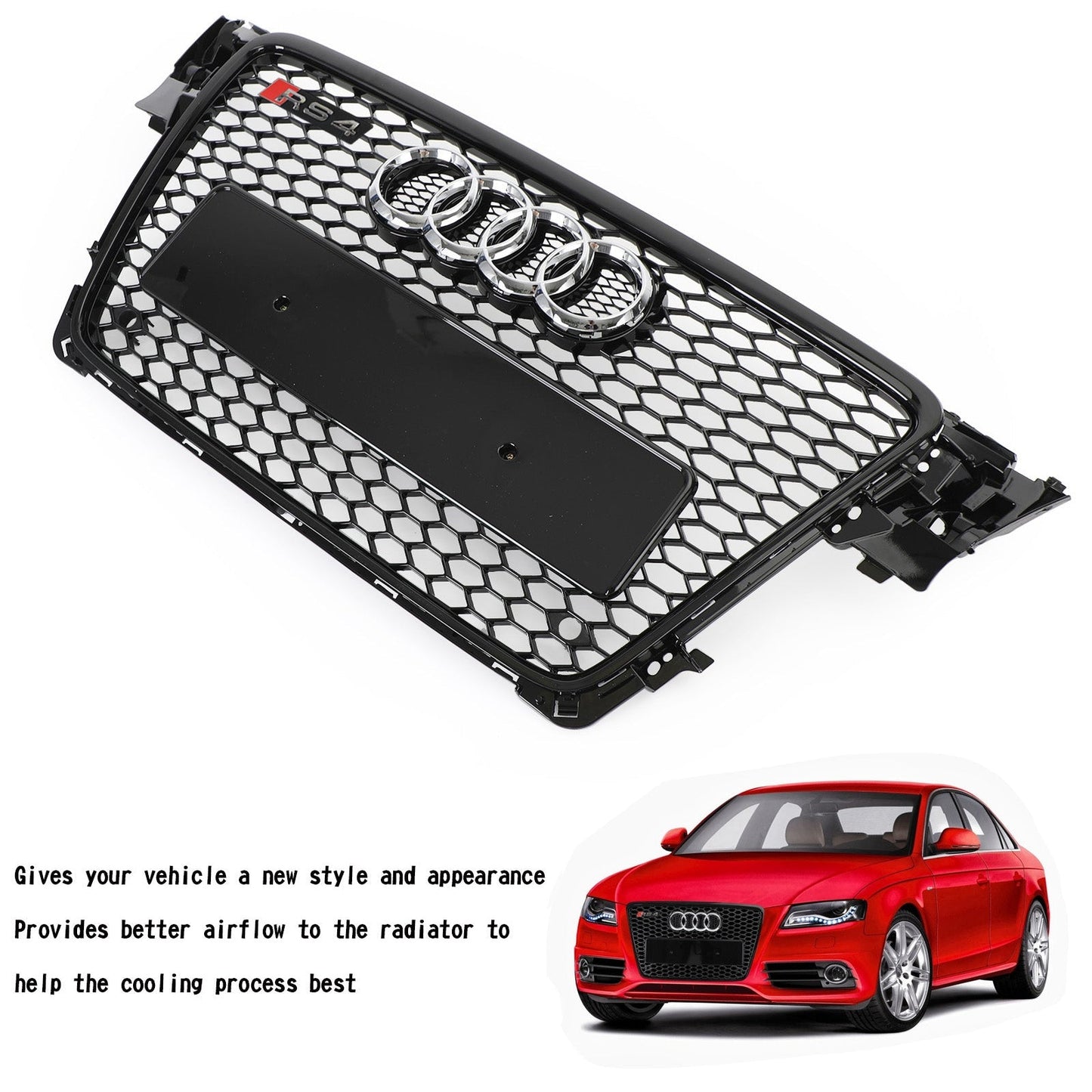 2008-2012 Audi A4/ A4 Sline/ S4 B8 RS4 Honeycomb Style Grill Sport Mesh Front Grille Glossy Black W/ Silver Ring Emblem