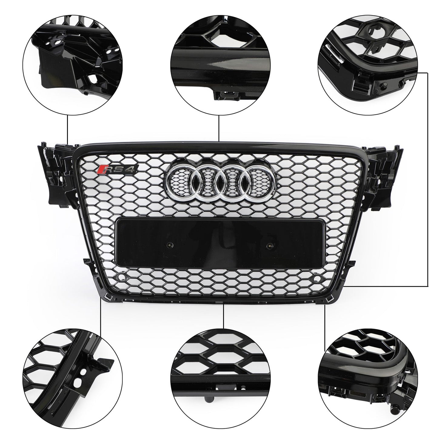 2008-2012 Audi A4/ A4 Sline/ S4 B8 RS4 Honeycomb Style Grill Sport Mesh Front Grille Glossy Black W/ Silver Ring Emblem