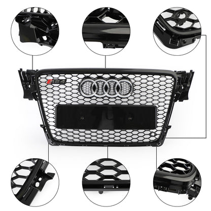 2008-2012 Audi A4/ A4 Sline/ S4 B8 RS4 Honeycomb Style Grill Sport Mesh Front Grille Glossy Black W/ Silver Ring Emblem