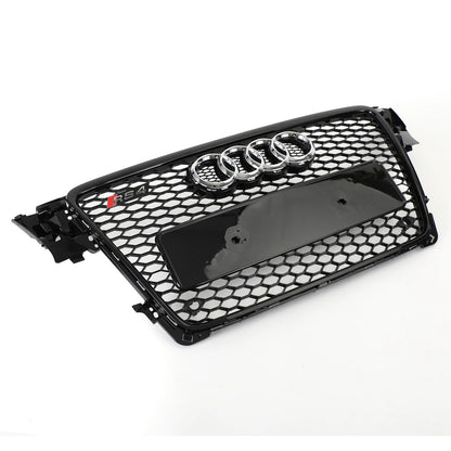 2008-2012 Audi A4/ A4 Sline/ S4 B8 RS4 Honeycomb Style Grill Sport Mesh Front Grille Glossy Black W/ Silver Ring Emblem