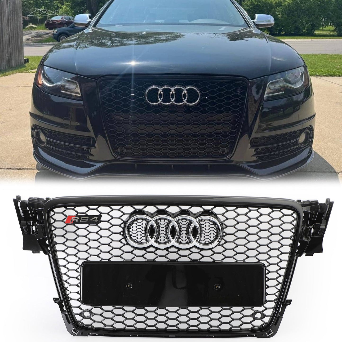 2008-2012 Audi A4/ A4 Sline/ S4 B8 RS4 Honeycomb Style Grill Sport Mesh Front Grille Glossy Black W/ Silver Ring Emblem