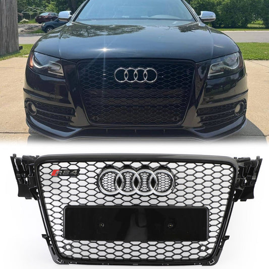 2008-2012 Audi A4/ A4 Sline/ S4 B8 RS4 Honeycomb Style Grill Sport Mesh Front Grille Glossy Black W/ Silver Ring Emblem