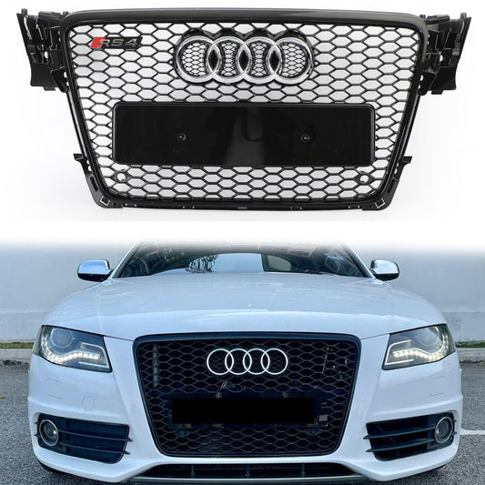 2008-2012 Audi A4/ A4 Sline/ S4 B8 RS4 Honeycomb Style Grill Sport Mesh Front Grille Glossy Black W/ Silver Ring Emblem