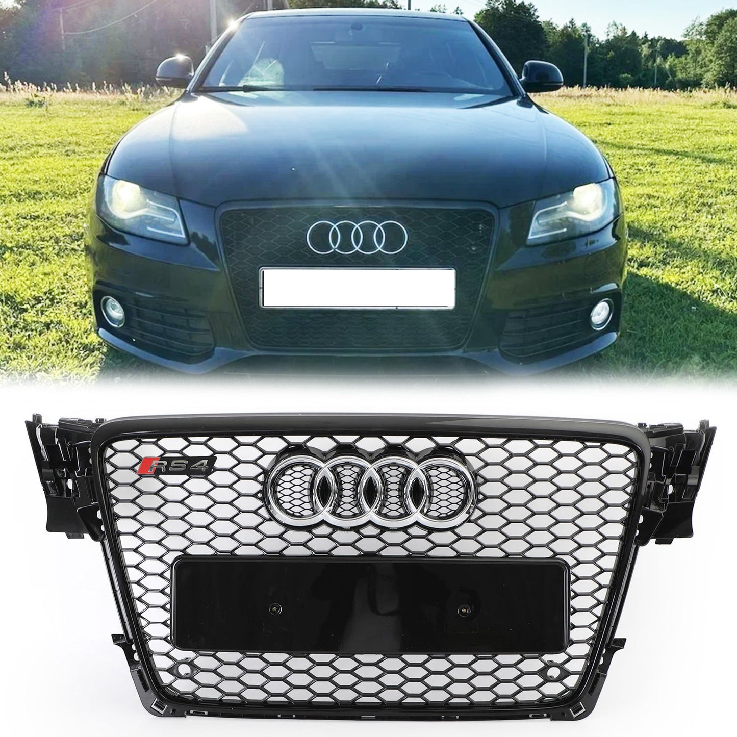 2008-2012 Audi A4/ A4 Sline/ S4 B8 RS4 Honeycomb Style Grill Sport Mesh Front Grille Glossy Black W/ Silver Ring Emblem