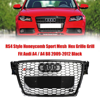 2008-2012 Audi A4 / A4 Avant B8 RS4 Style Honeycomb Mesh Hex Grill Gloss Black Grille + Fog Light Grille