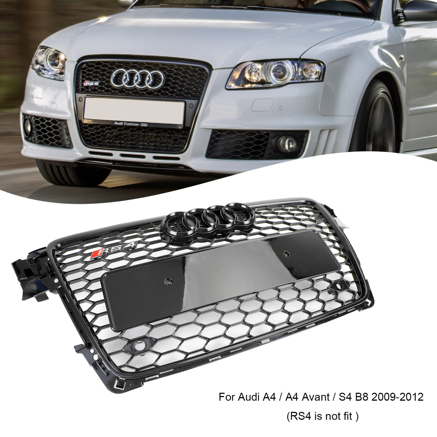 2008-2012 Audi A4 / A4 Avant B8 RS4 Style Honeycomb Mesh Hex Grill Gloss Black Grille + Fog Light Grille