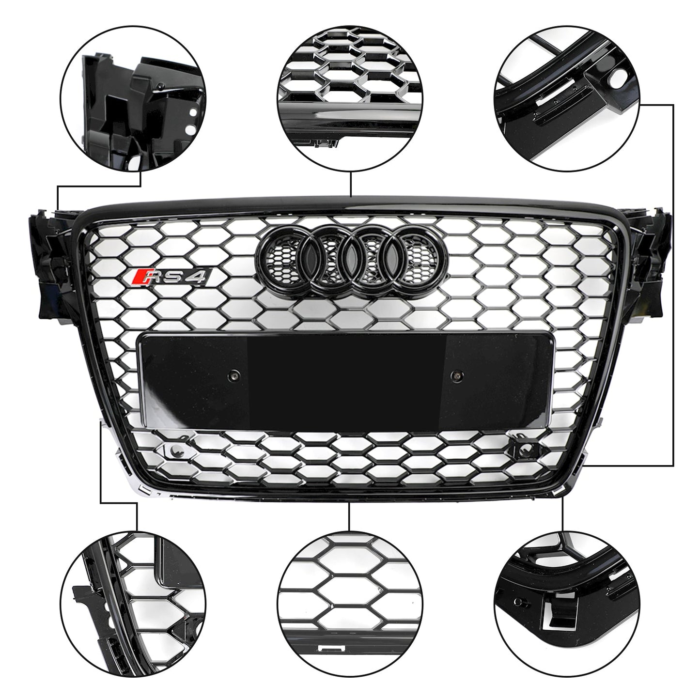 2008-2012 Audi A4 / A4 Avant B8 RS4 Style Honeycomb Mesh Hex Grill Gloss Black Grille + Fog Light Grille