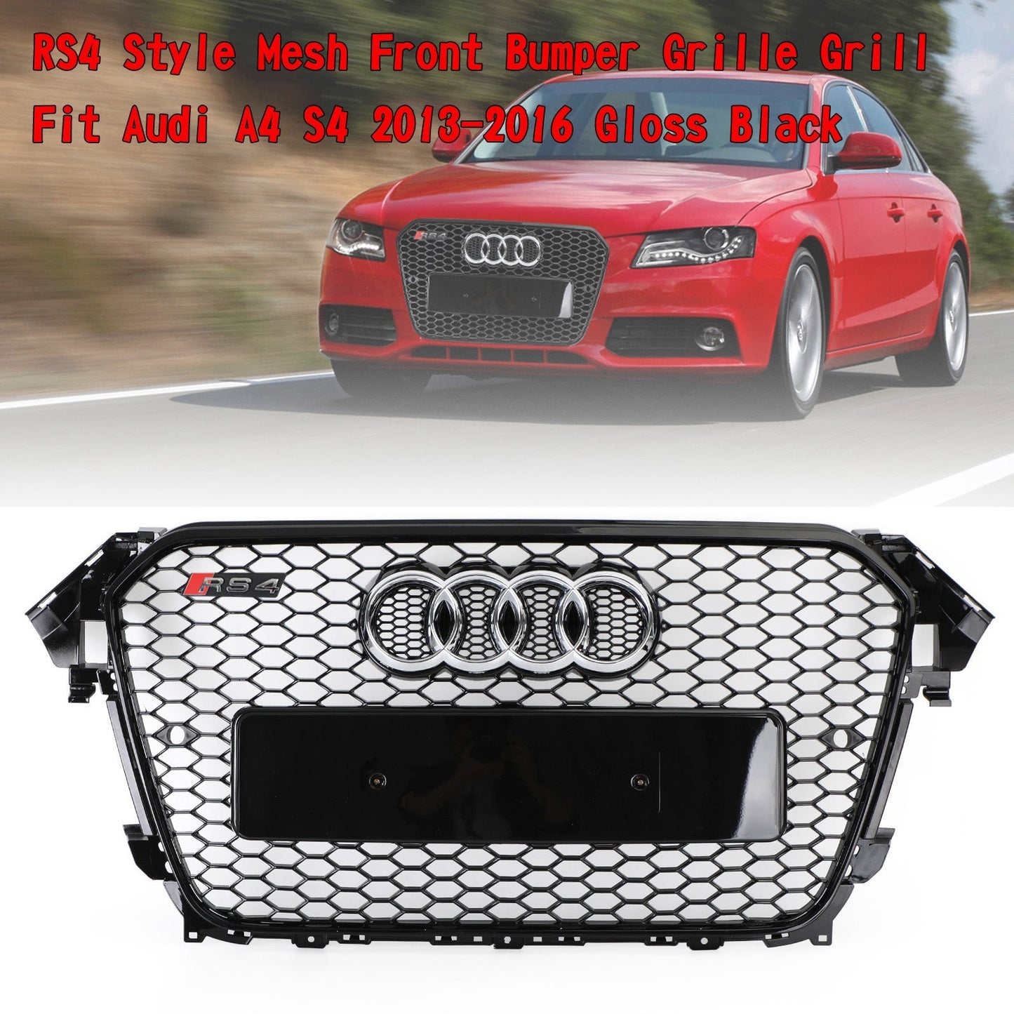 2012 2013 2014 2015 2016 Audi A4 / A4 Sline / S4 B8.5 RS4 Style Gloss Black Grill Honeycome Mesh Sport Hex Front Grille W/ Emblem
