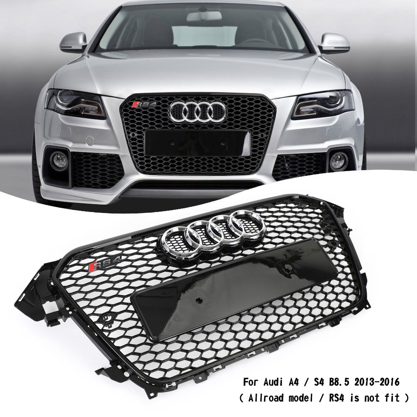 2012 2013 2014 2015 2016 Audi A4 / A4 Sline / S4 B8.5 RS4 Style Gloss Black Grill Honeycome Mesh Sport Hex Front Grille W/ Emblem