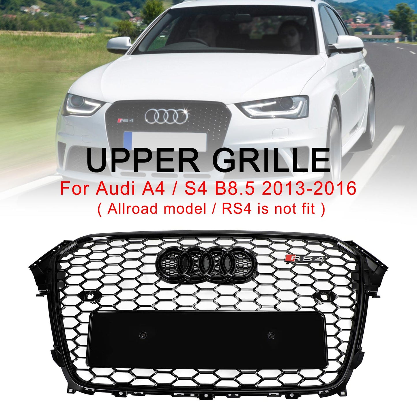 2012 2013 2014 2015 2016 Audi A4 / A4 Sline / S4 B8.5 RS4 Style Gloss Black Grill Honeycome Mesh Sport Hex Front Grille W/ Emblem