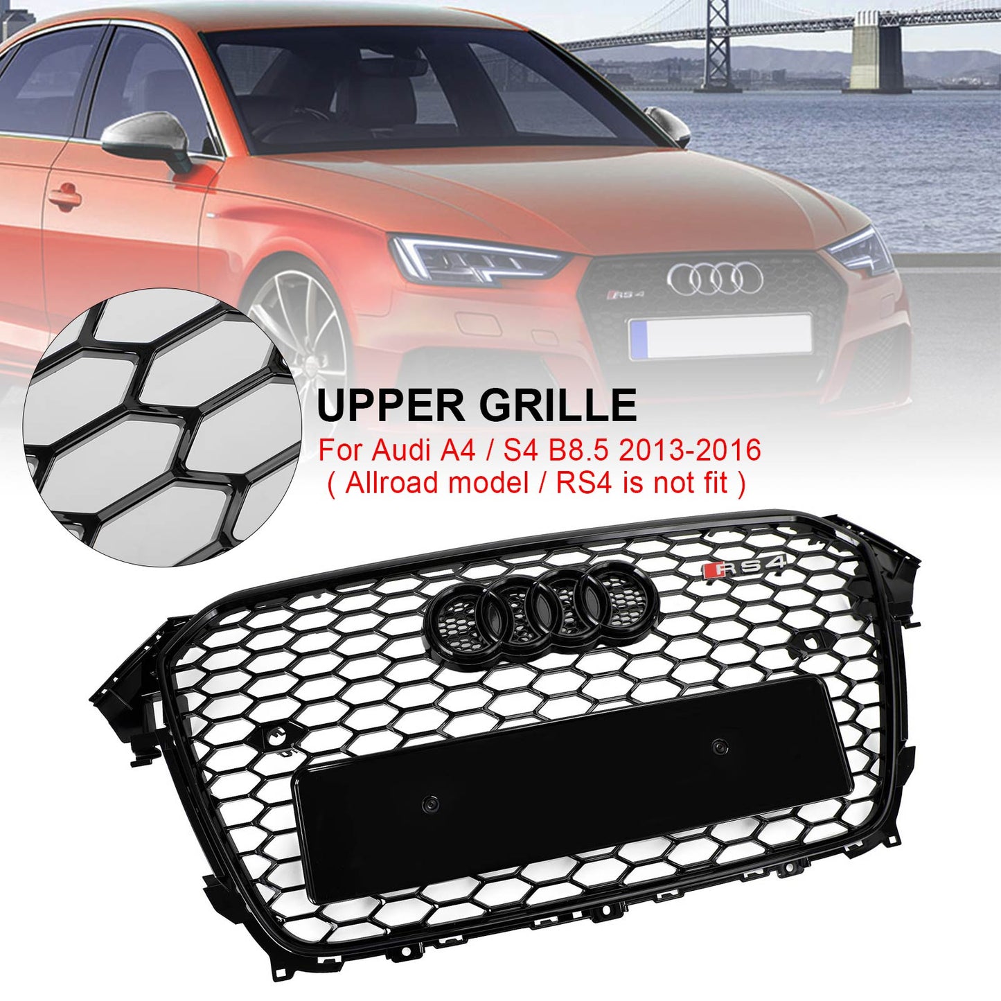 2012 2013 2014 2015 2016 Audi A4 / A4 Sline / S4 B8.5 RS4 Style Gloss Black Grill Honeycome Mesh Sport Hex Front Grille W/ Emblem