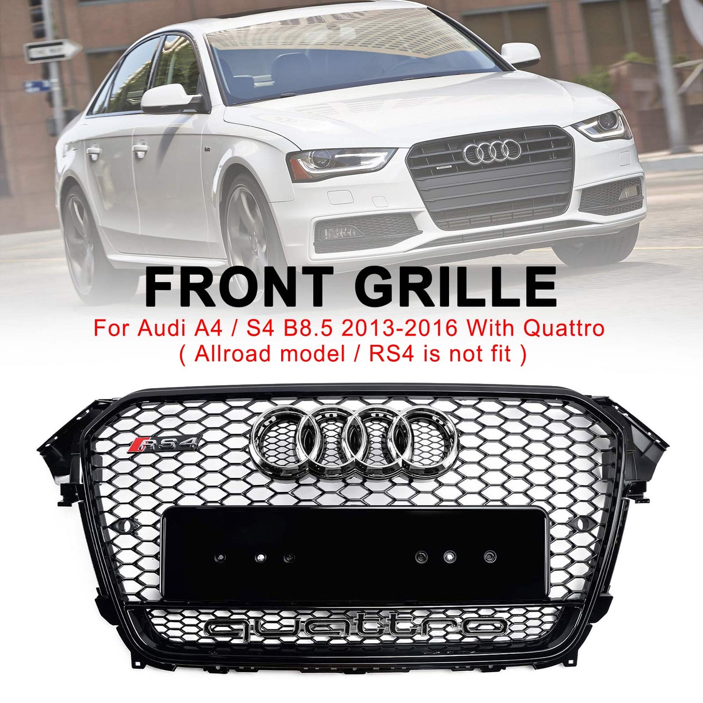 2012 2013 2014 2015 2016 Audi A4 / A4 Sline / S4 B8.5 RS4 Style Gloss Black Grill Honeycome Mesh Sport Hex Front Grille W/ Emblem
