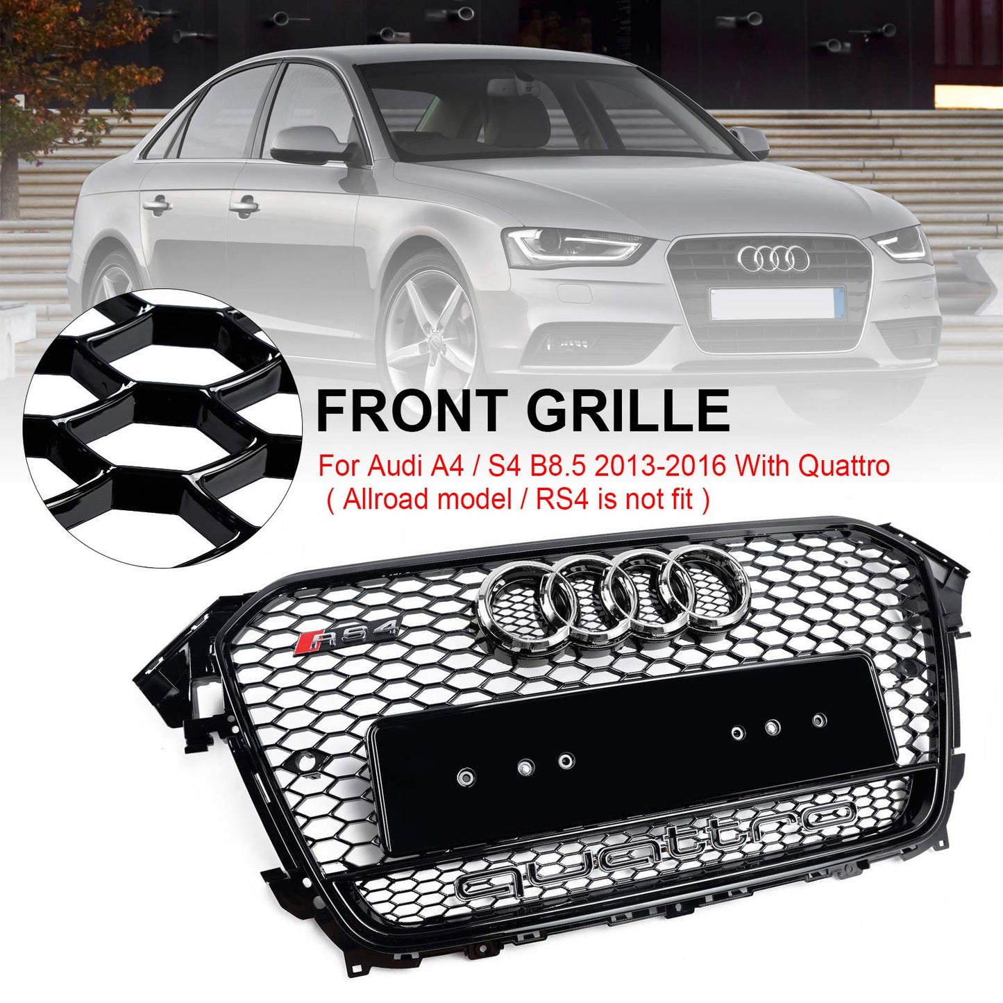 2012-2016 Audi A4/S4 B8.5 With Quattro RS4 Style Front Bumper Grill Replacement Black Grille