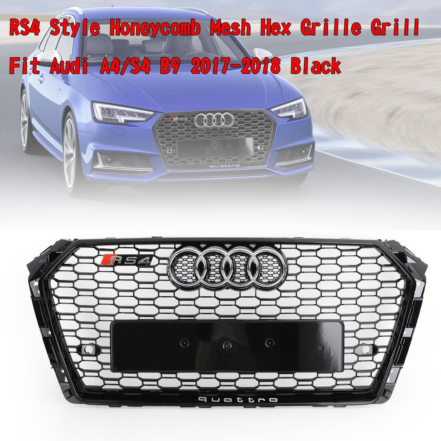 2016-2019 Audi A4/S4 B9 Honeycomb Grill RS4 Style Mesh Hex Grille Replacement Black Grill