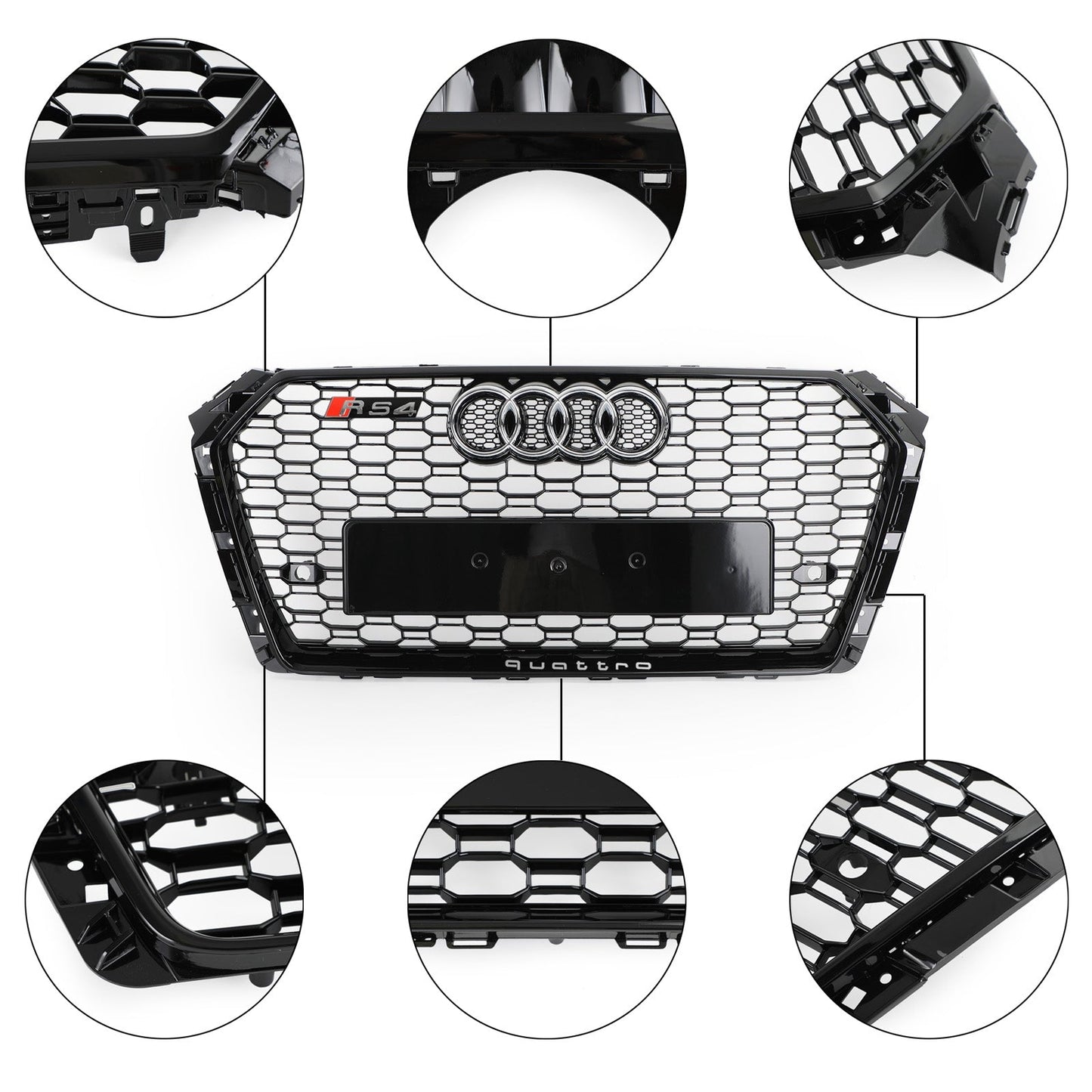 2016-2019 Audi A4/S4 B9 Honeycomb Grill RS4 Style Mesh Hex Grille Replacement Black Grill