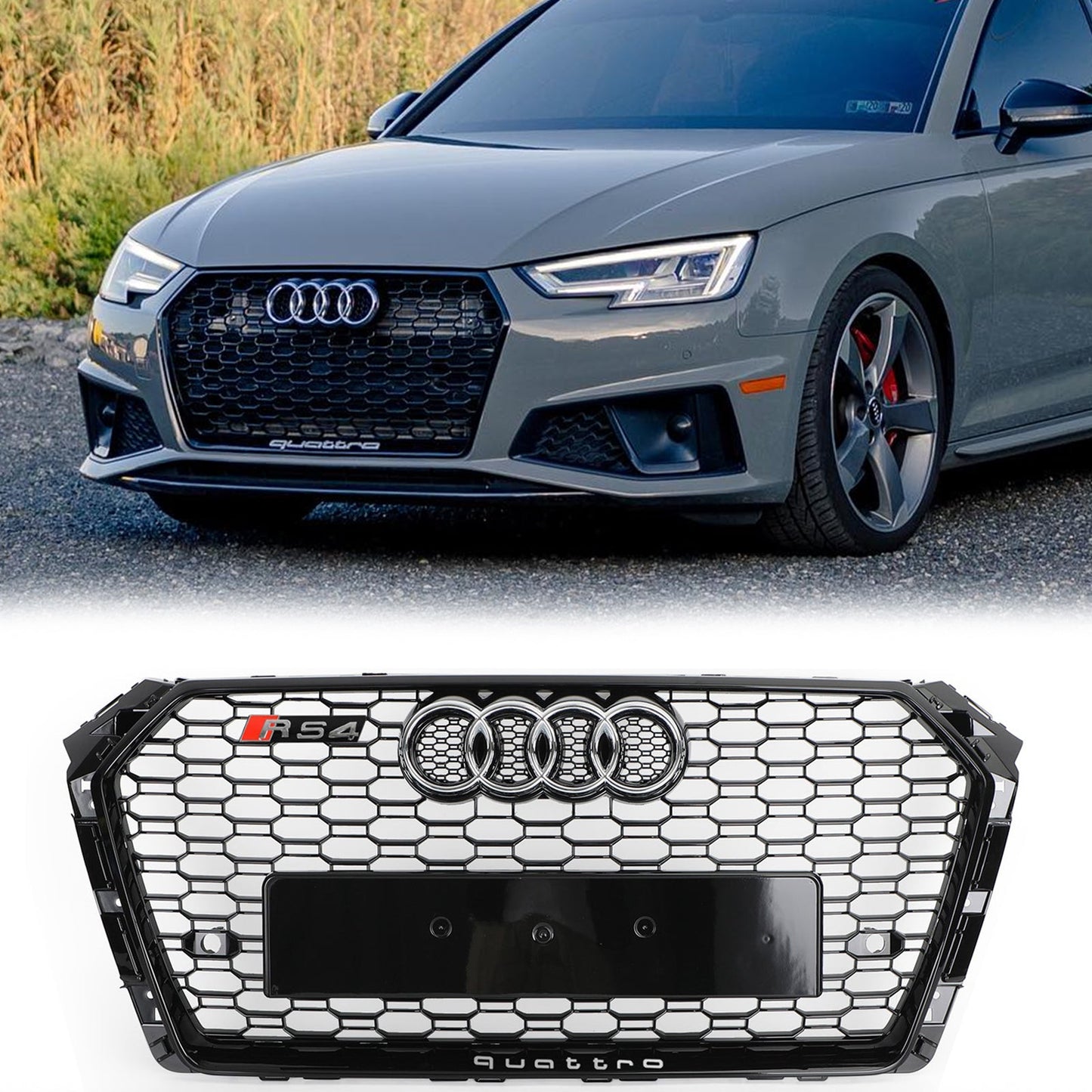 2016-2019 Audi A4/S4 B9 Honeycomb Grill RS4 Style Mesh Hex Grille Replacement Black Grill