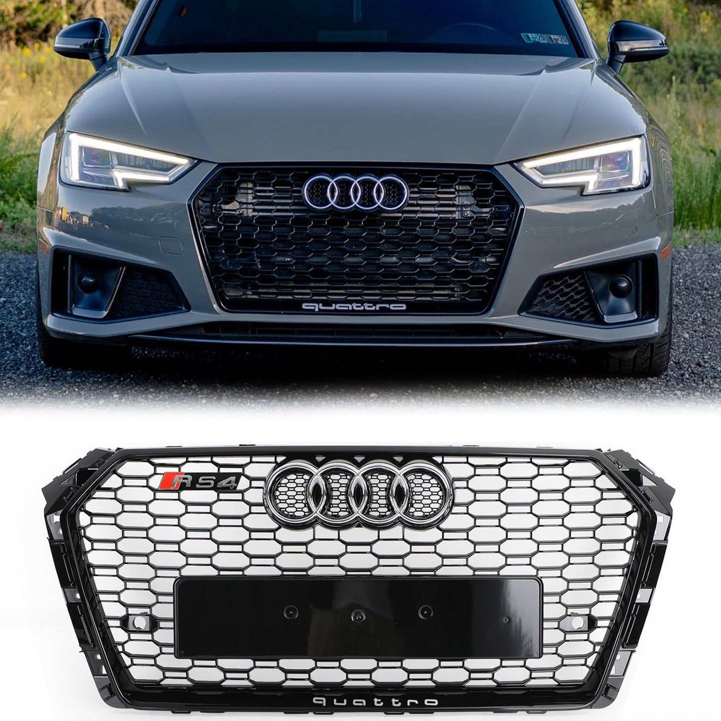 2016-2019 Audi A4/S4 B9 Honeycomb Grill RS4 Style Mesh Hex Grille Replacement Black Grill
