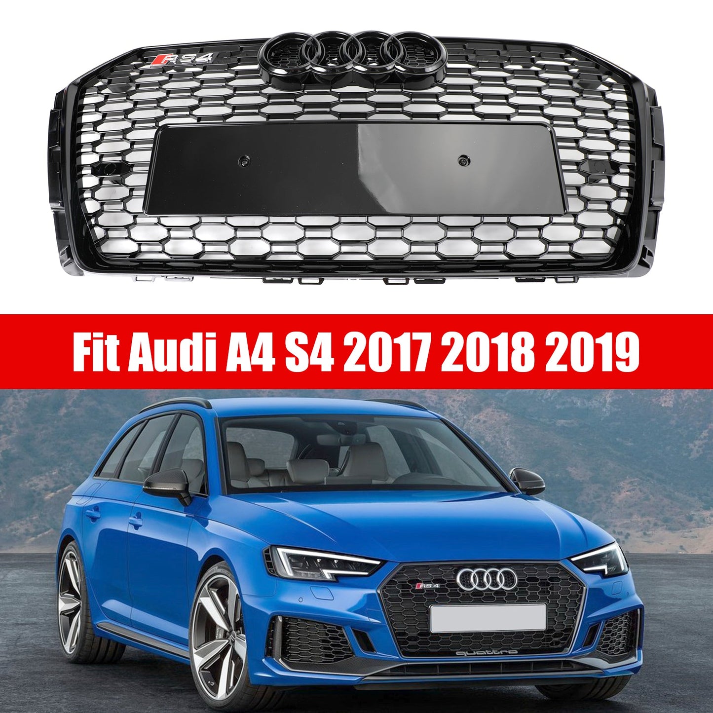 Audi A4 / A4 S-Line / S4 B9 2016 2017 2018 2019 RS4 Style Front Bumper Grill Gloss Black Honeycomb Grill
