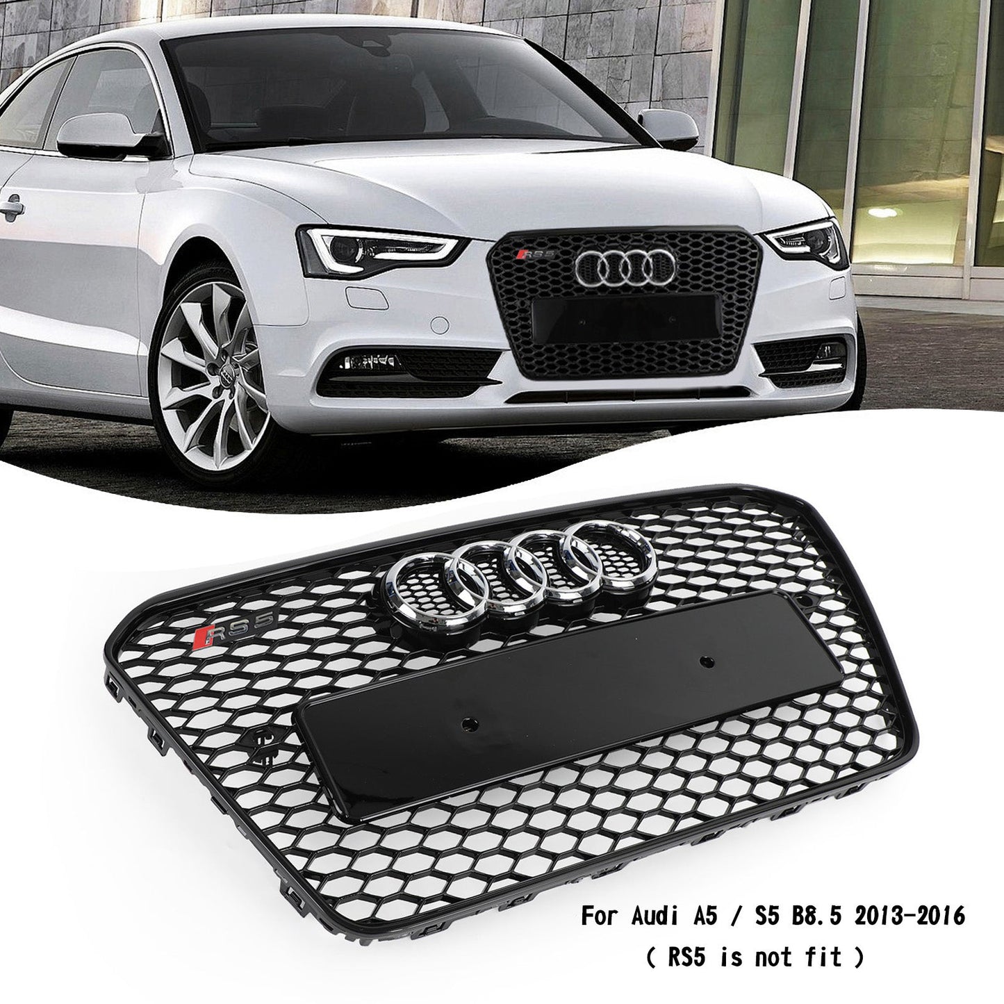 2012 2013 2014 2015 2016 Audi A5 / A5 Sline / S5 B8.5 Honeycomb Hex RS5 Style Grille Glossy Black Front Grille W/ Emblem