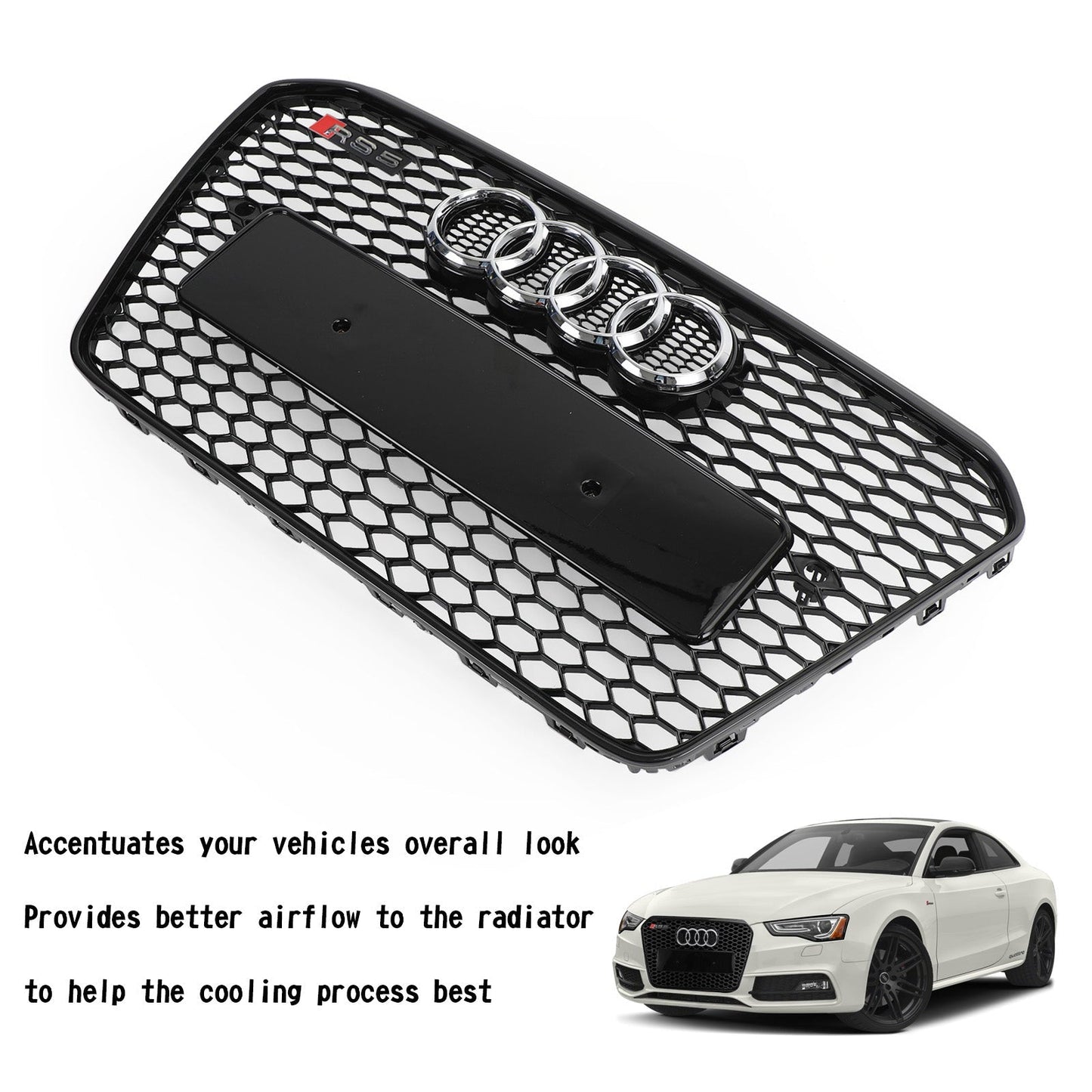 2012-2016 Audi A5 S5 B8.5 Grill Replacement RS5 Style Honeycomb Hex Mesh Front Bumper Black Grille