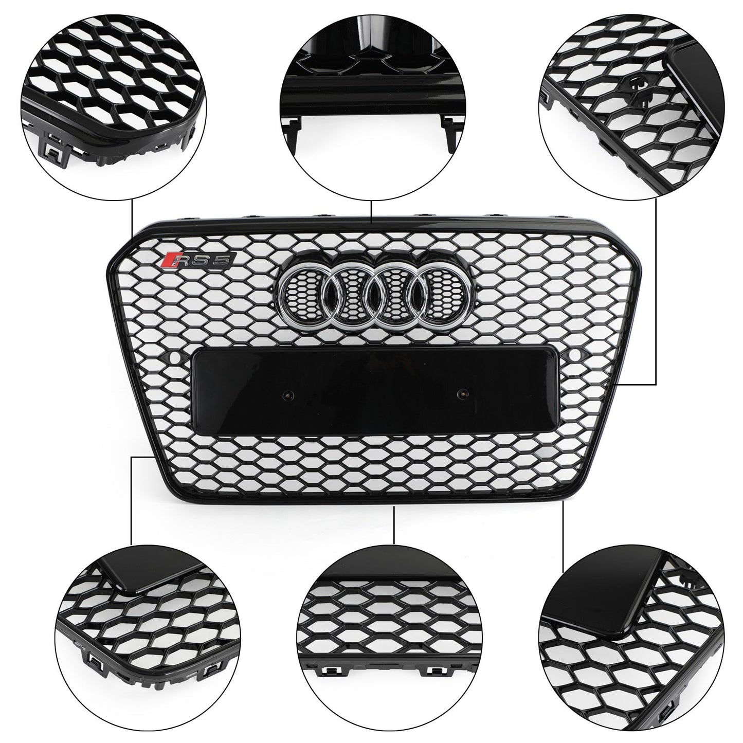2012 2013 2014 2015 2016 Audi A5 / A5 Sline / S5 B8.5 Honeycomb Hex RS5 Style Grille Glossy Black Front Grille W/ Emblem