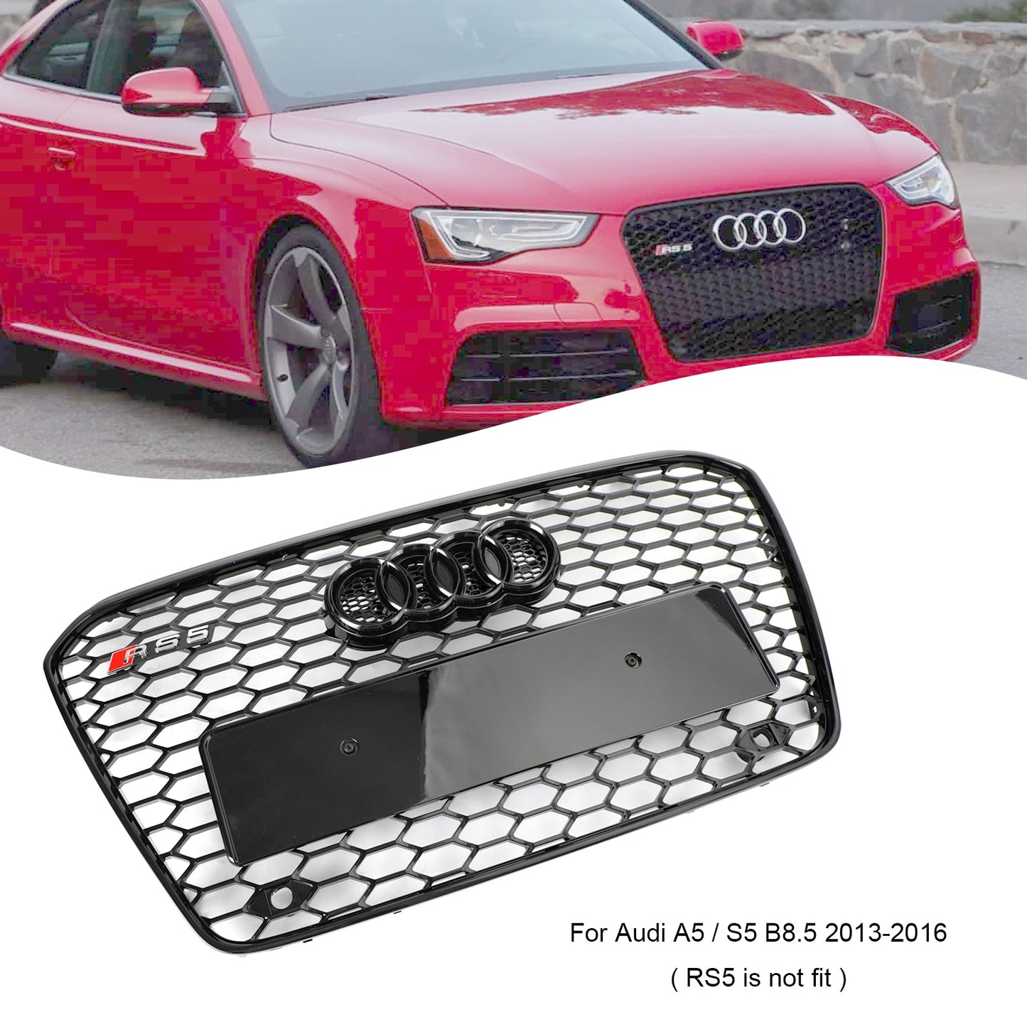 2012-2016 Audi A5 S5 B8.5 Grill Replacement RS5 Style Honeycomb Hex Mesh Front Bumper Black Grille