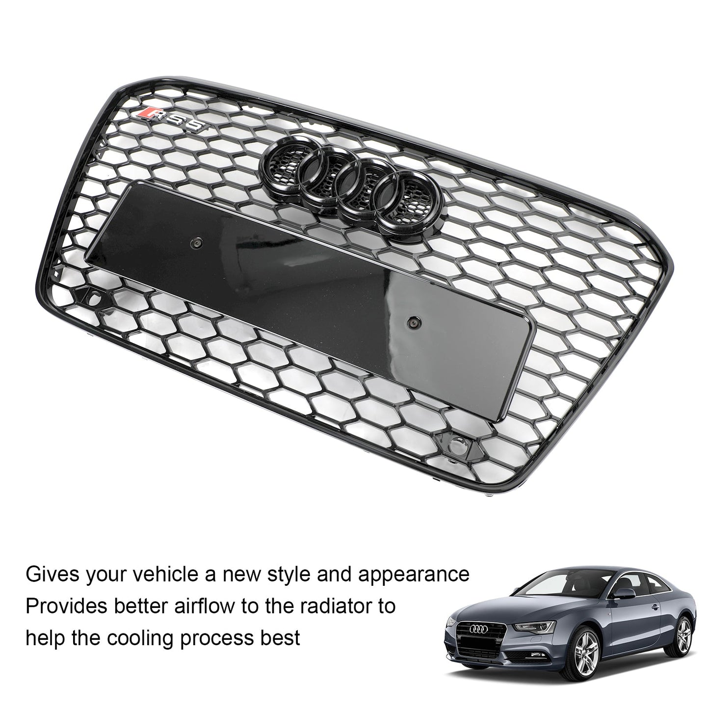 2012-2016 Audi A5 / A5 Sline / S5 B8.5 Honeycomb Mesh Grill Glossy Black RS5 Style Grille With Black Ring Emblem