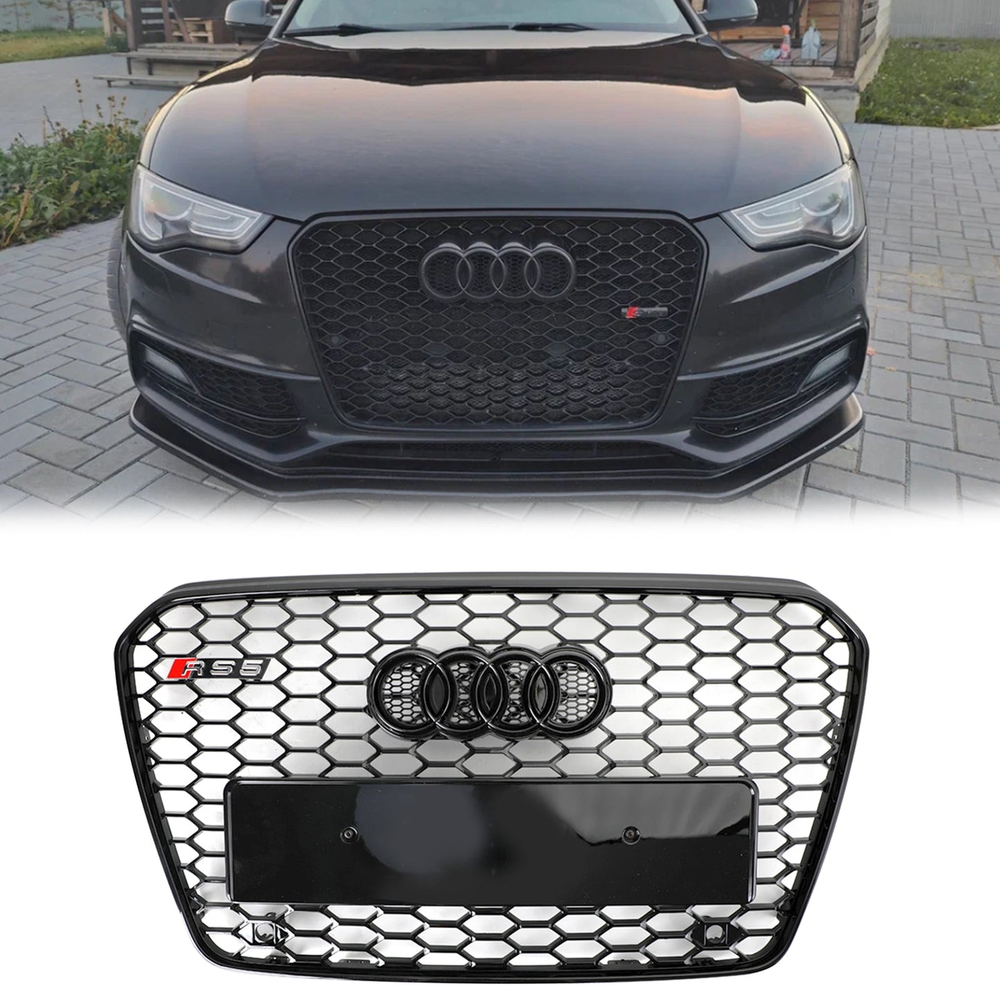 2012-2016 Audi A5 S5 B8.5 Grill Replacement RS5 Style Honeycomb Hex Mesh Front Bumper Black Grille