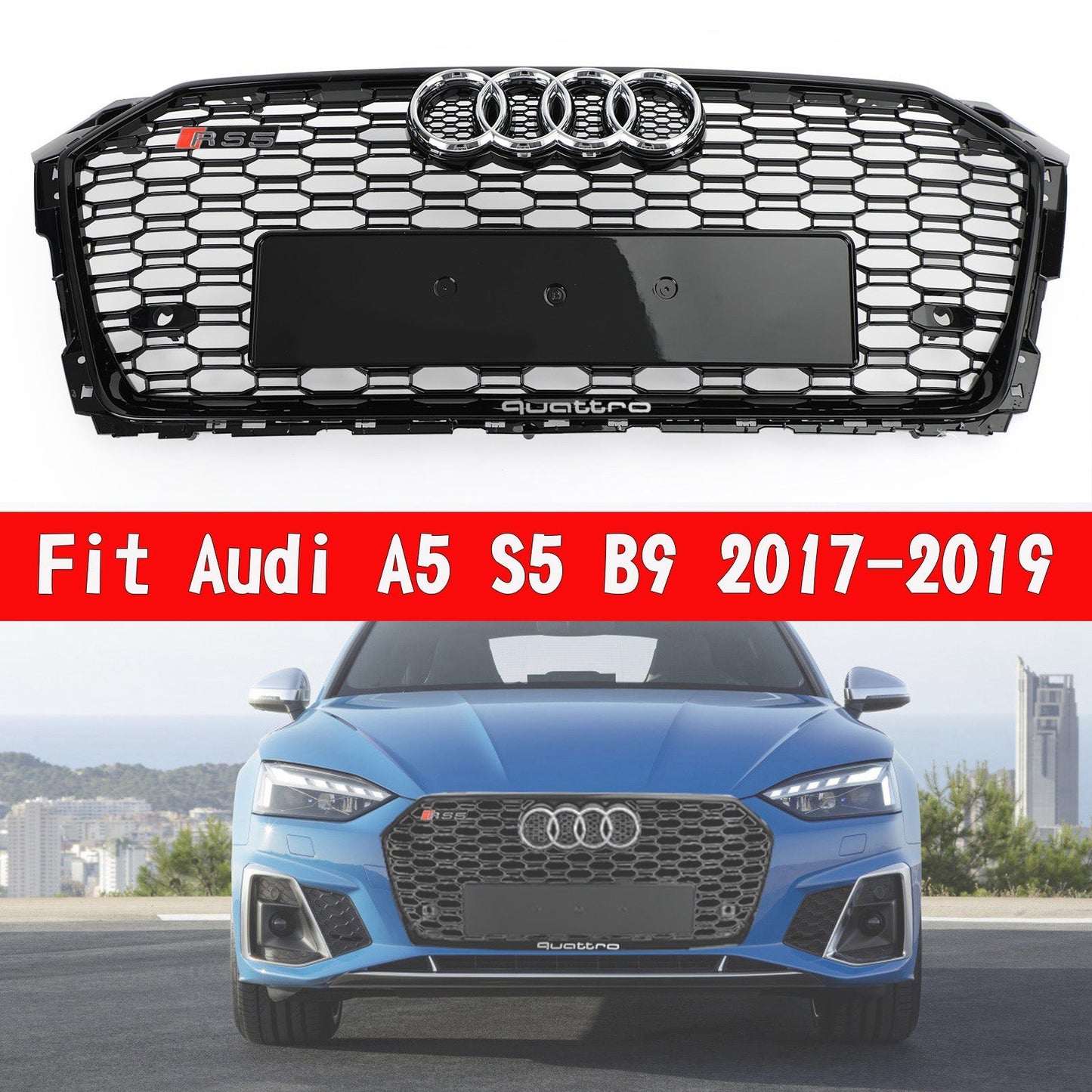 2017-2019 Audi A5 / A5 Sline / S5 B9 Honeycomb Grill Replacement RS5 Style Sport Mesh Hex Black Grille
