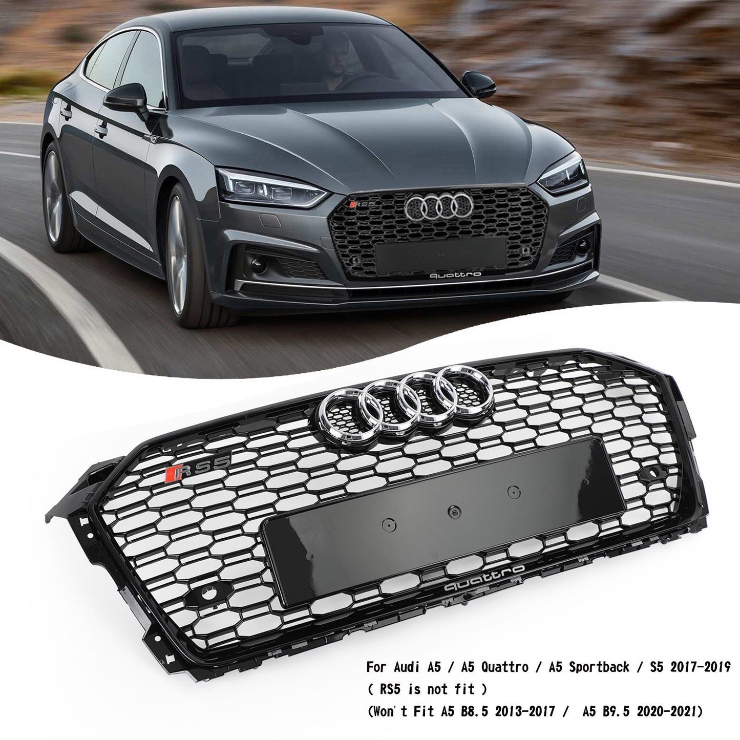 2017 2018 2019 Audi A5 / A5 Sline / S5 B9 RS5 Style Honeycomb Sport Mesh Hex Grille Front Bumper Glossy Black Grill