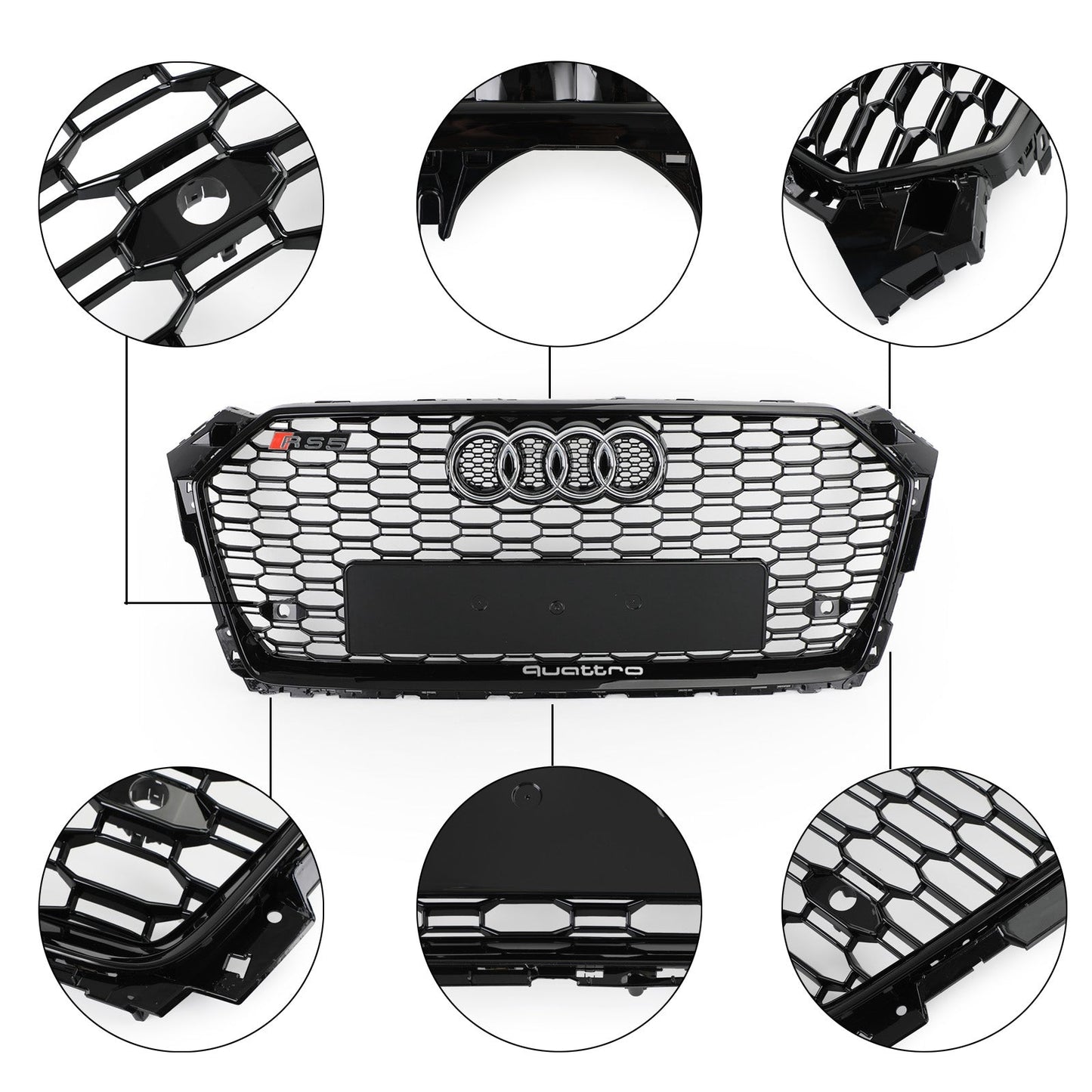2017 2018 2019 Audi A5 / A5 Sline / S5 B9 RS5 Style Honeycomb Sport Mesh Hex Grille Front Bumper Glossy Black Grill