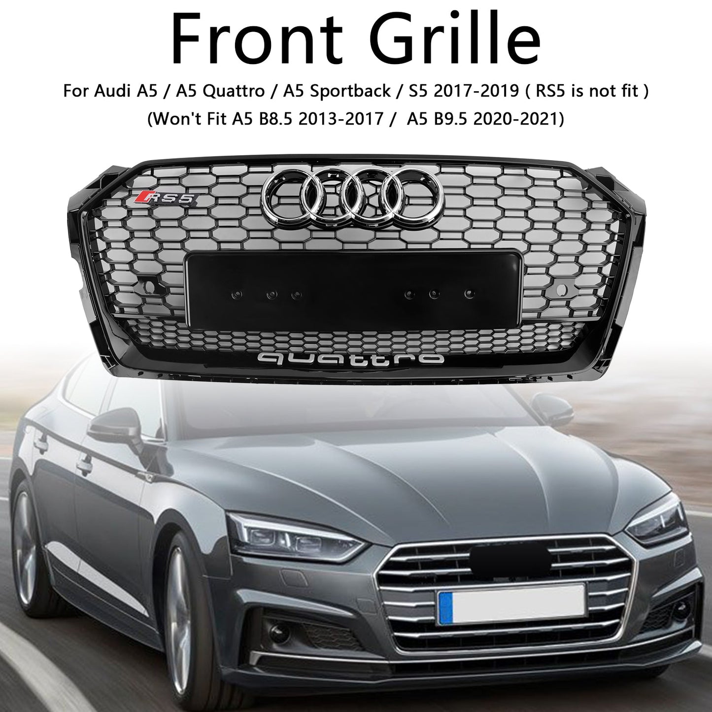 2017 2018 2019 Audi A5 / A5 Sline / S5 Honeycomb Front Glossy Black Grille RS Quattor Style Air Intake Radiator Mesh Grill W/ Rings Emblem
