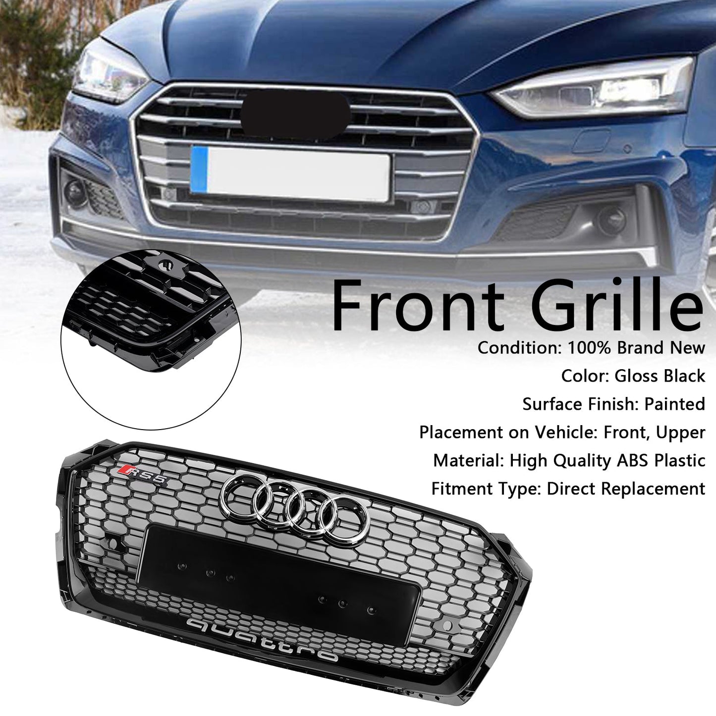 2017 2018 2019 Audi A5 / A5 Sline / S5 Honeycomb Front Glossy Black Grille RS Quattor Style Air Intake Radiator Mesh Grill W/ Rings Emblem