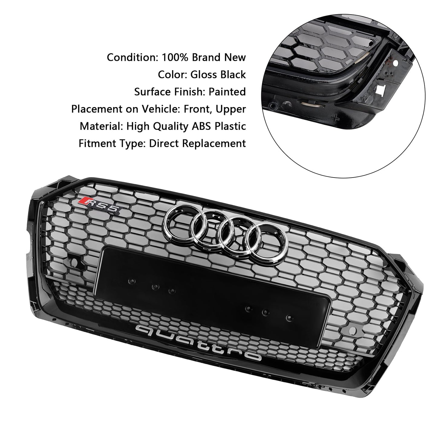 2017 2018 2019 Audi A5 / A5 Sline / S5 Honeycomb Front Glossy Black Grille RS Quattor Style Air Intake Radiator Mesh Grill W/ Rings Emblem