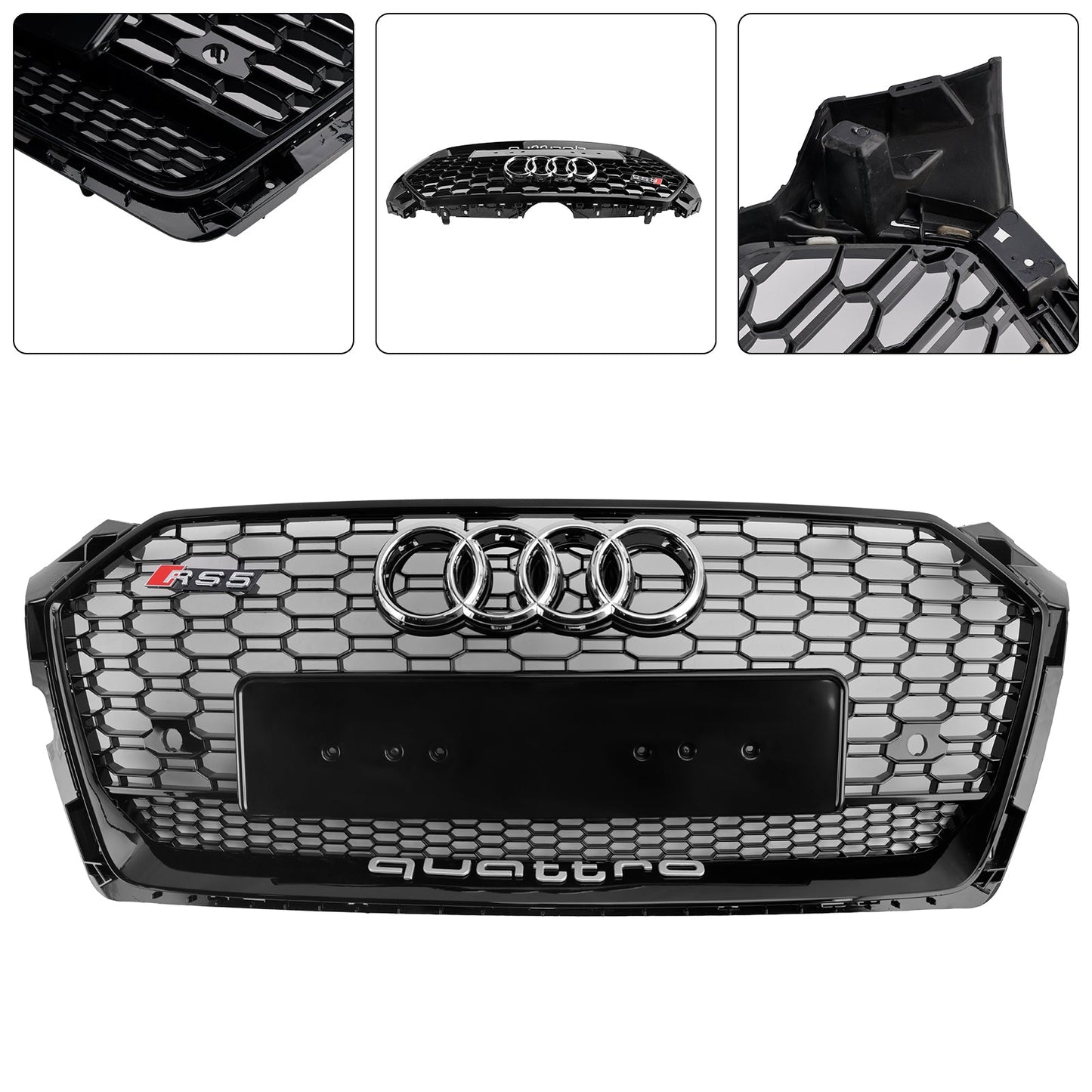 2017 2018 2019 Audi A5 / A5 Sline / S5 Honeycomb Front Glossy Black Grille RS Quattor Style Air Intake Radiator Mesh Grill W/ Rings Emblem