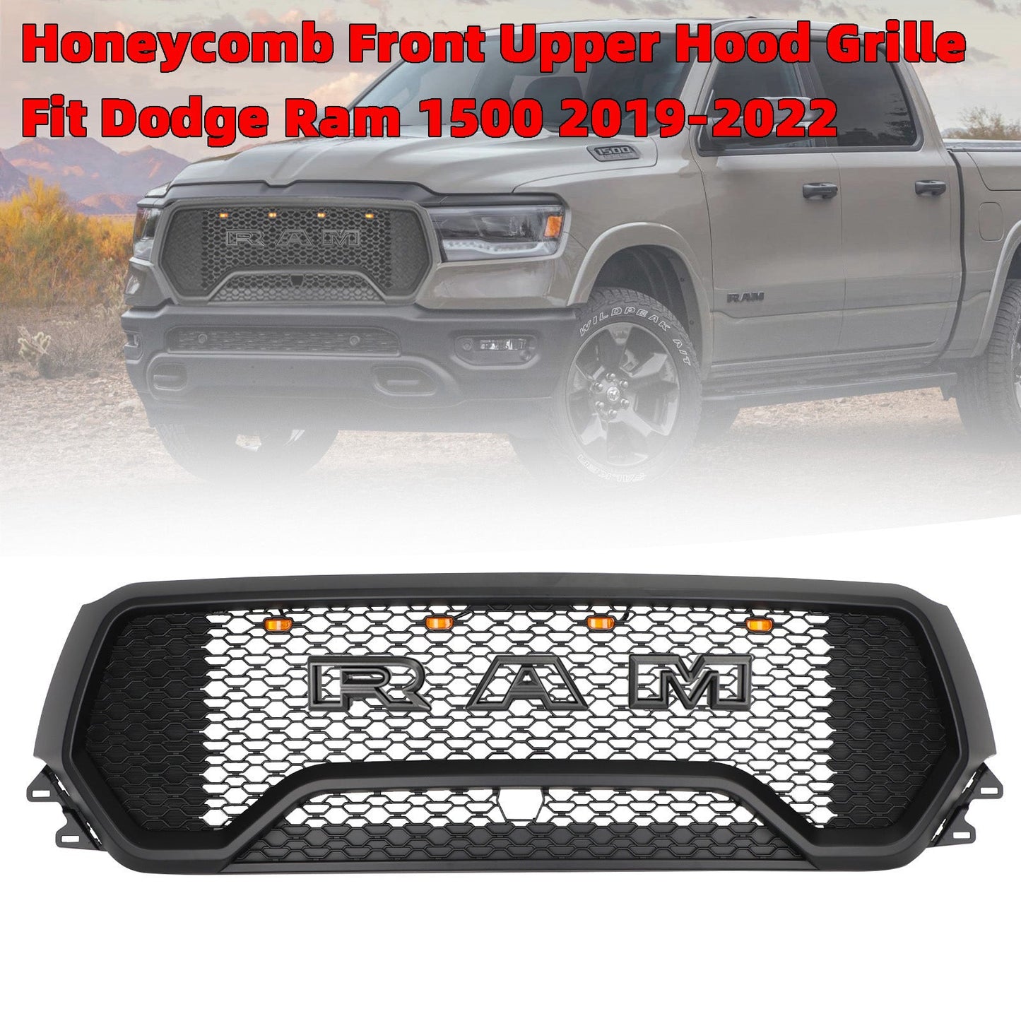 2019-2024 TRX Style Dodge Ram 1500 Matte Black Front Grill Air Intake Radiator Bumper Grille W/ Letter + LED Light