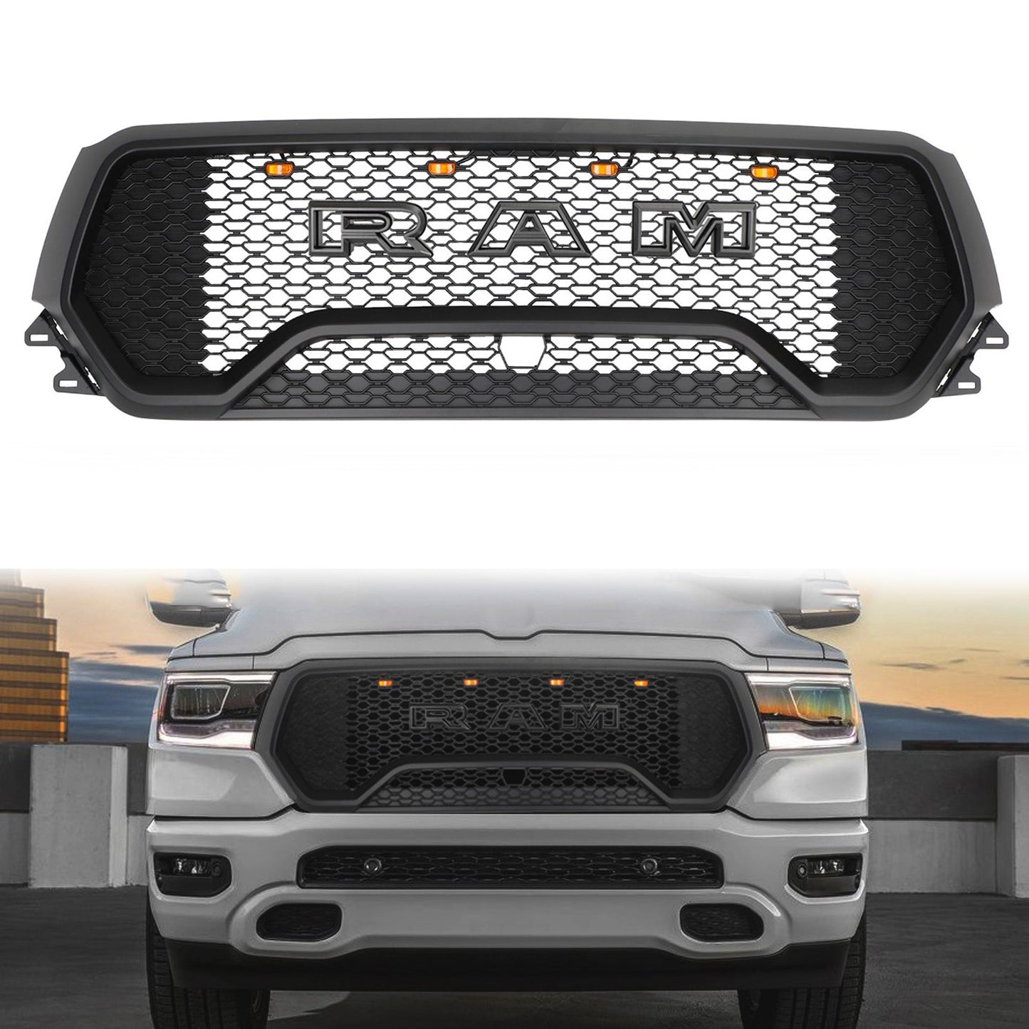 2019-2024 TRX Style Dodge Ram 1500 Matte Black Front Grill Air Intake Radiator Bumper Grille W/ Letter + LED Light