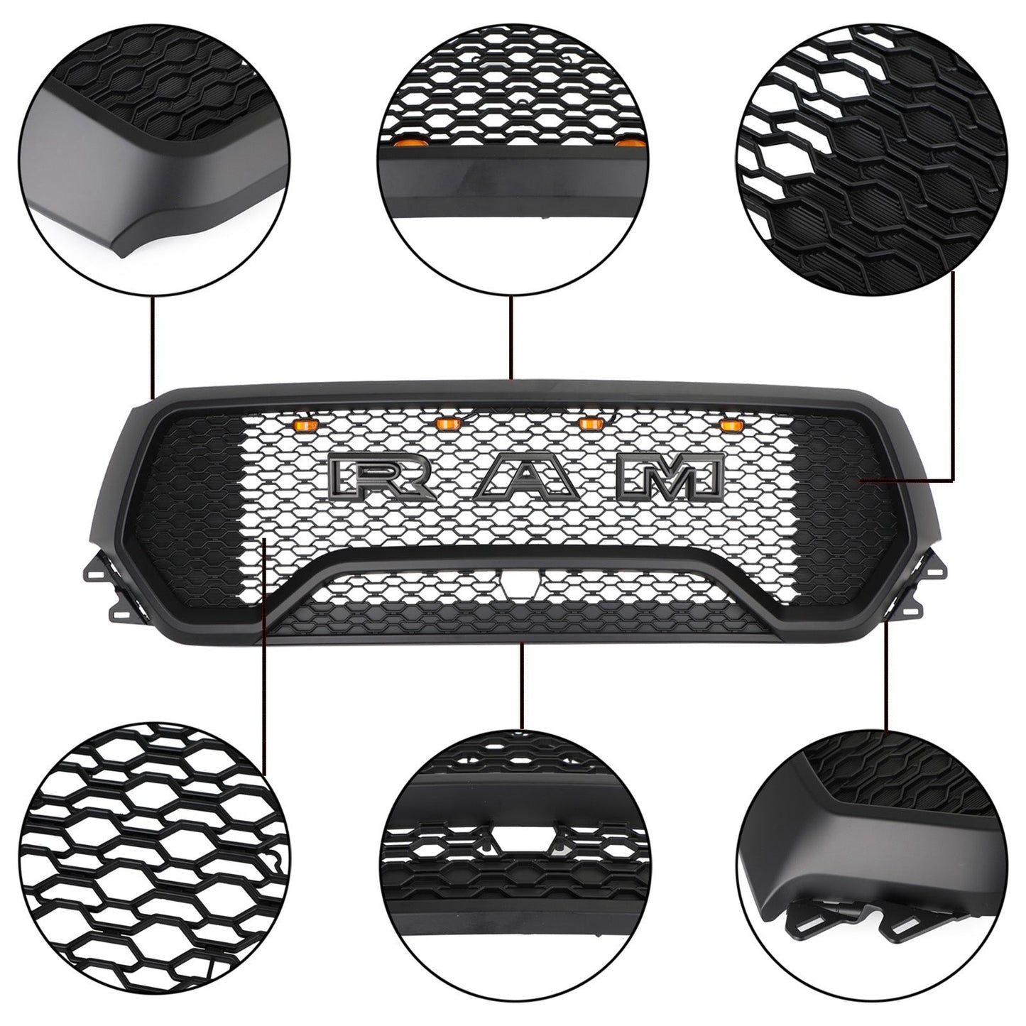 2019-2024 TRX Style Dodge Ram 1500 Matte Black Front Grill Air Intake Radiator Bumper Grille W/ Letter + LED Light