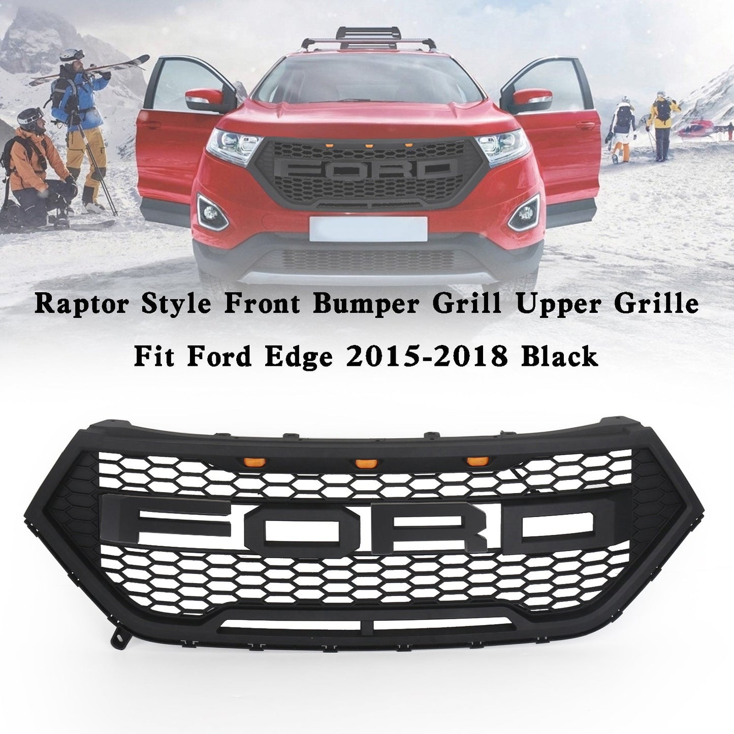 2015-2018 Ford Edge Raptor Style Grill Front Bumper Black Grille W/ LED Light & Letter