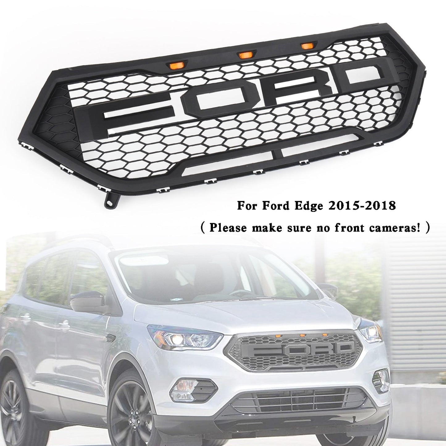 2015-2018 Ford Edge Raptor Style Grill Front Bumper Black Grille W/ LED Light & Letter