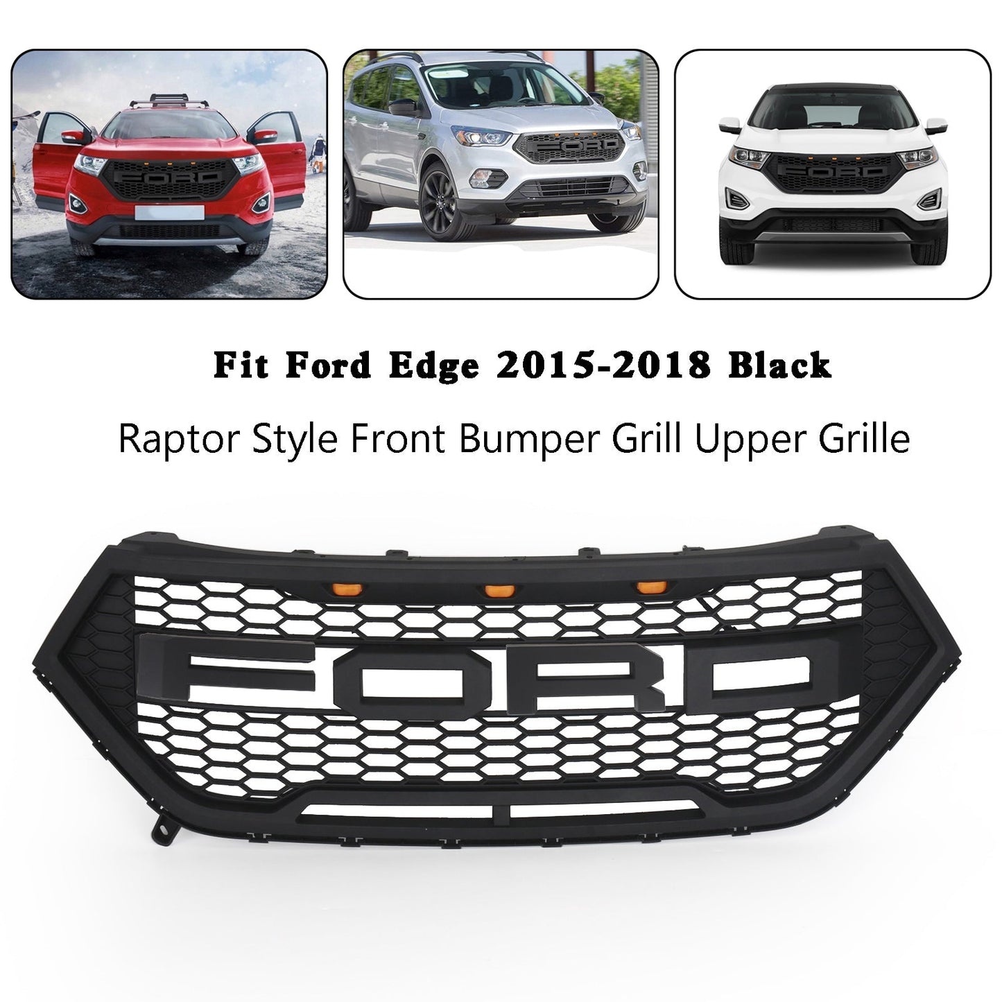 2015-2018 Ford Edge Raptor Style Grill Front Bumper Black Grille W/ LED Light & Letter